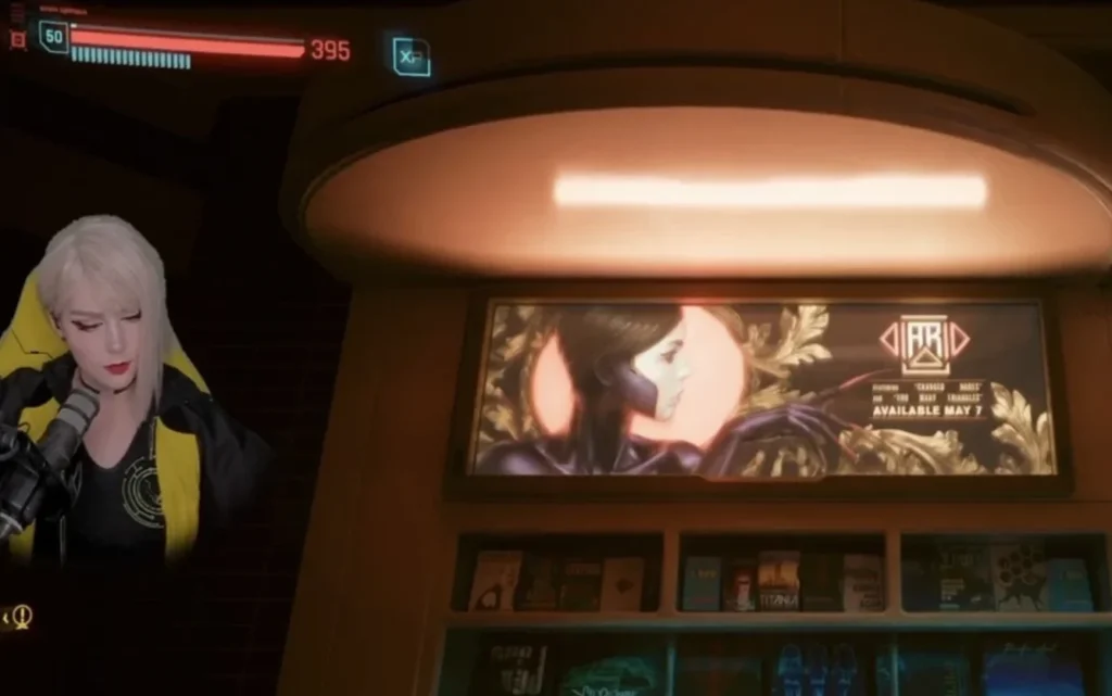 Алина Рин на стриме рядом с постером певицы AR в Cyberpunk 2077