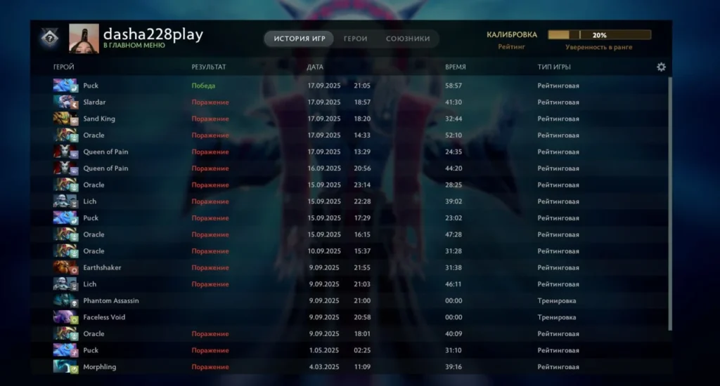 История матчей dasha228play в Dota 2